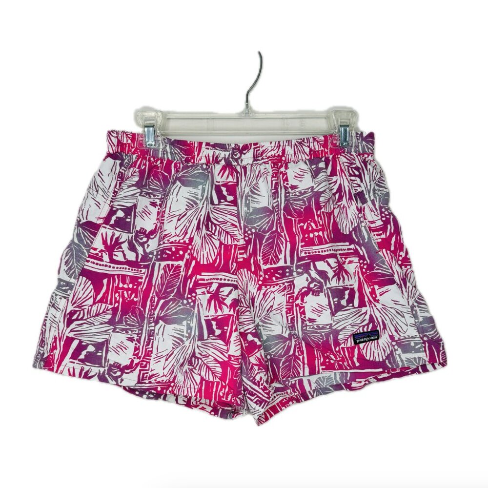 Patagonia Baggies Shorts Womens M Pink Leaf Pattern Nylon Pockets Drawstring 570